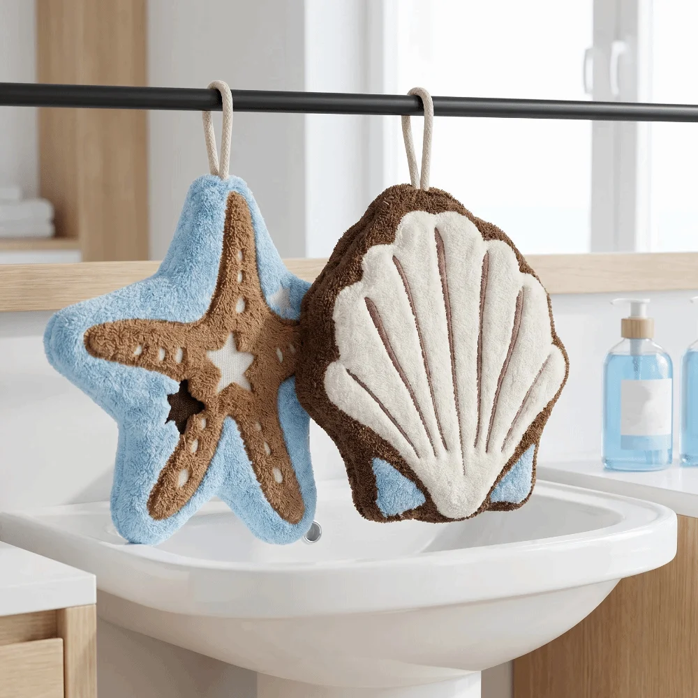 Coral Fleece Starfish Hand Towel Soft Fast Drying Handkerchiefs Thick Dry Hands Instantly Shell Hanging Towel Bathroom Use