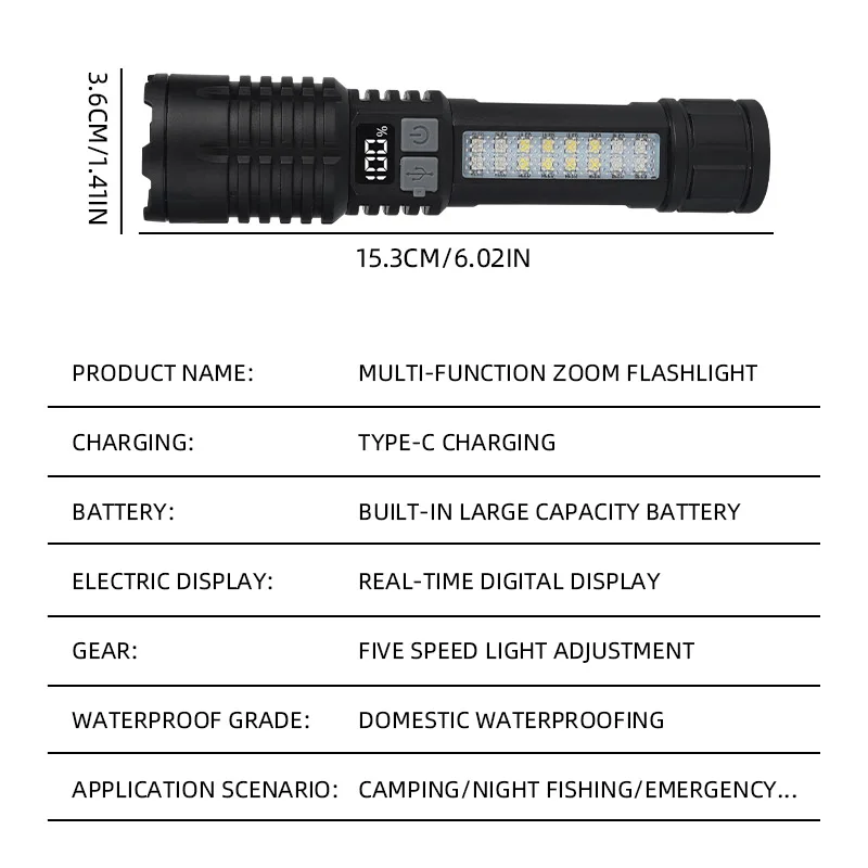 Lanterna LED de Alta Potência Portátil com Zoom, Recarregável Tipo-C, à Prova d'Água com Lâmpada Lateral COB para Acampamento e Caminhadas ao Ar Livre