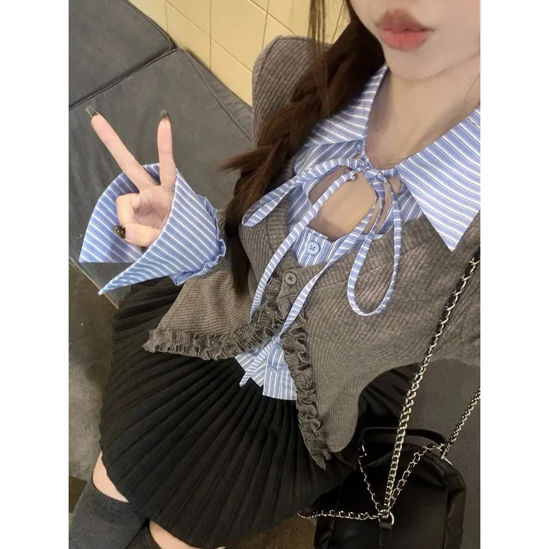 

College Style Hot Girl Retro Shirt Patchwork Sweater Women's Slim Spring Autumn Top
