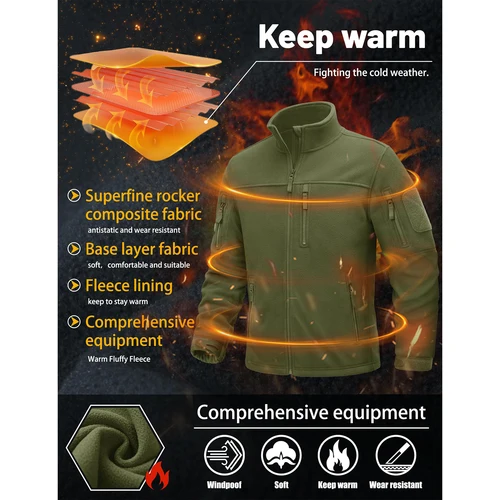 Imagen 2 del producto TACVASEN-Chaqueta de forro polar verde con cremallera completa para hombre, abrigos térmicos cálidos de trabajo, chaqueta con bolsillos con cremallera, rompevientos para senderismo, chaqueta Safari