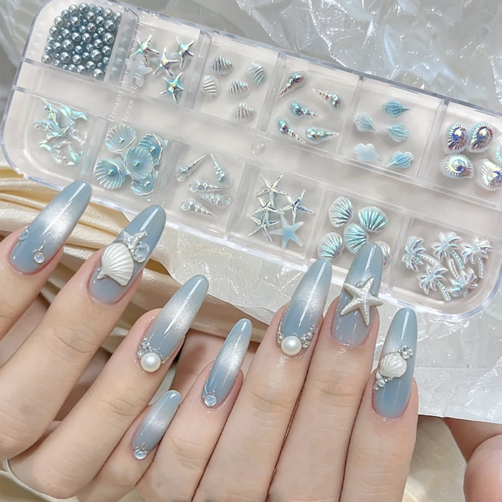 12Grid Aurora White Blue Starfish Shell Nail Charms 3D Conch Pearls Fish Tail Nail Art Decoration Summer Beach Manicure Supplies