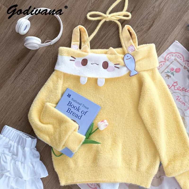 

Sweet Cute Mink Fur Halter Neck Off-Shoulder Knitted Sweater Soft Girl Daughters Kawaii Cartoon Pullover Sweater Female Knitwear