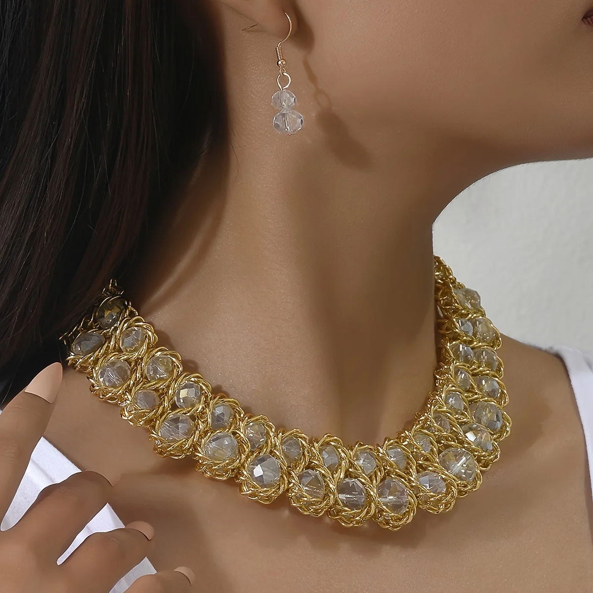1 pair of earrings + 1 collar Boho style jewelry set with rhinestones in multiple colors for your daily party accessories