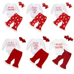 SUNSIOM 3Pcs My First Baby Girl Christmas Outfits Newborn Long Sleeve Romper + Velvet Bell Bottom Pants + Headband Clothes Set