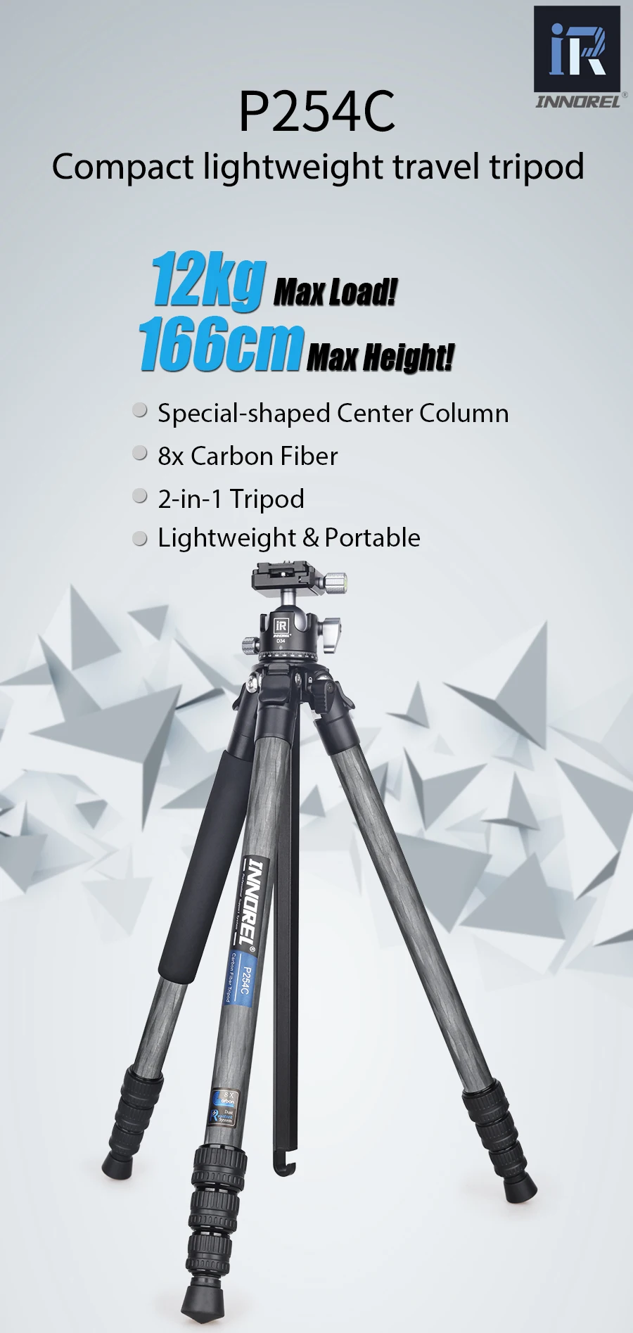Kohlefaser-Stativ-INNOREL P254C Tragbares, kompaktes, leichtes Reisestativ und Einbeinstativ für digitale DSLR-Kameraständer, Belastung 12 kg – Detail 1