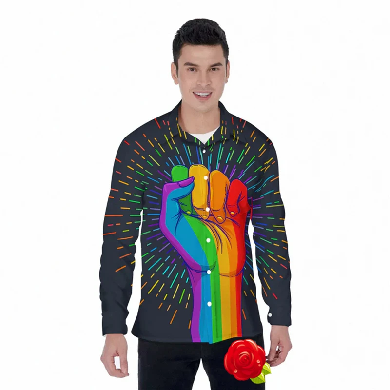 قميص بعلم قوس قزح للرجال ، علم فخر مثلي الجنس ، قمصان غير رسمية ، أكمام طويلة ، ملابس بأزرار ، قمم فخر للذكور ، بلوزات عتيقة ، الخريف