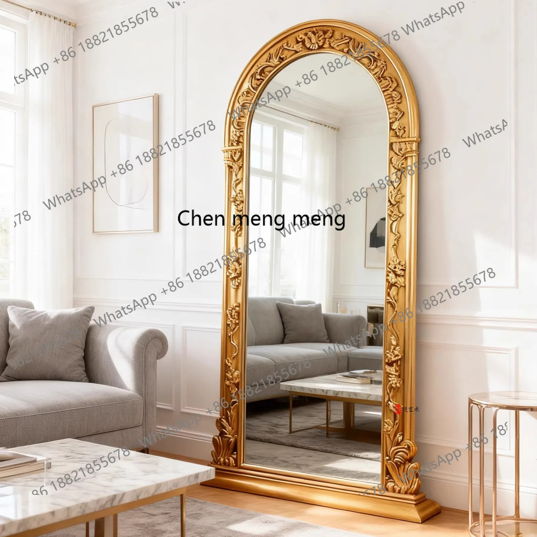 

French retro carved arched full-body mirror European light luxury home floor mirror