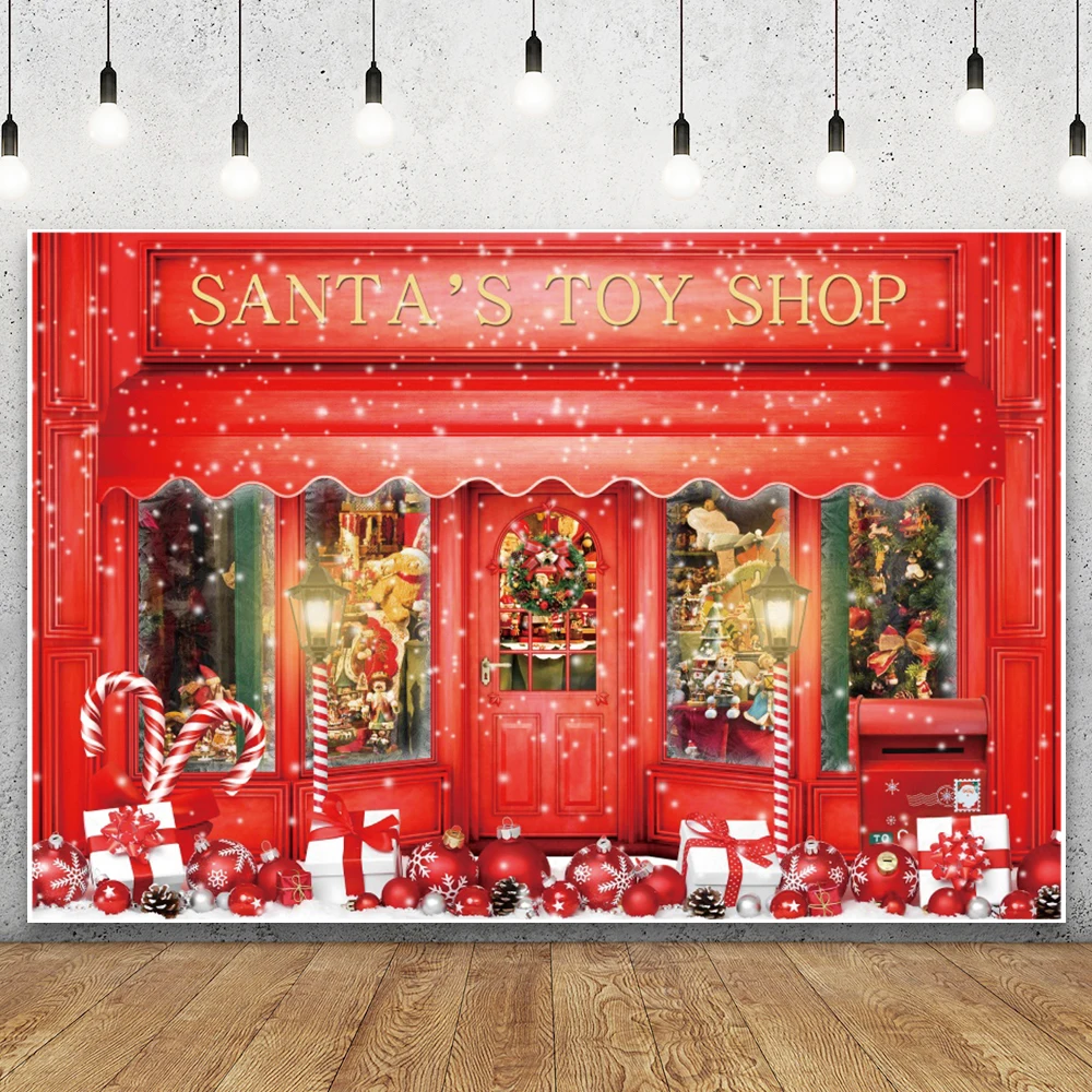 Christmas Backdrop Red Christmas Photo Backdrop Santa's Toy Shop Candy Cane Snow World Red Photography Background Studio Props