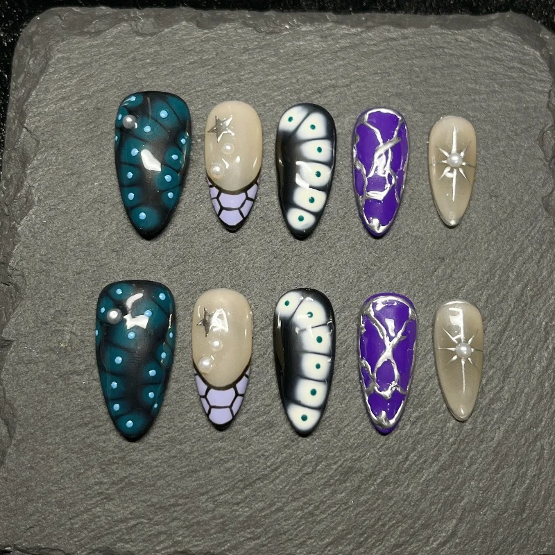 

10PCS Purple Pattern French Handmade Press on Nails Sweet Cool Metallic Silver Shiny Star Fake Nails for Women Almond False Nail