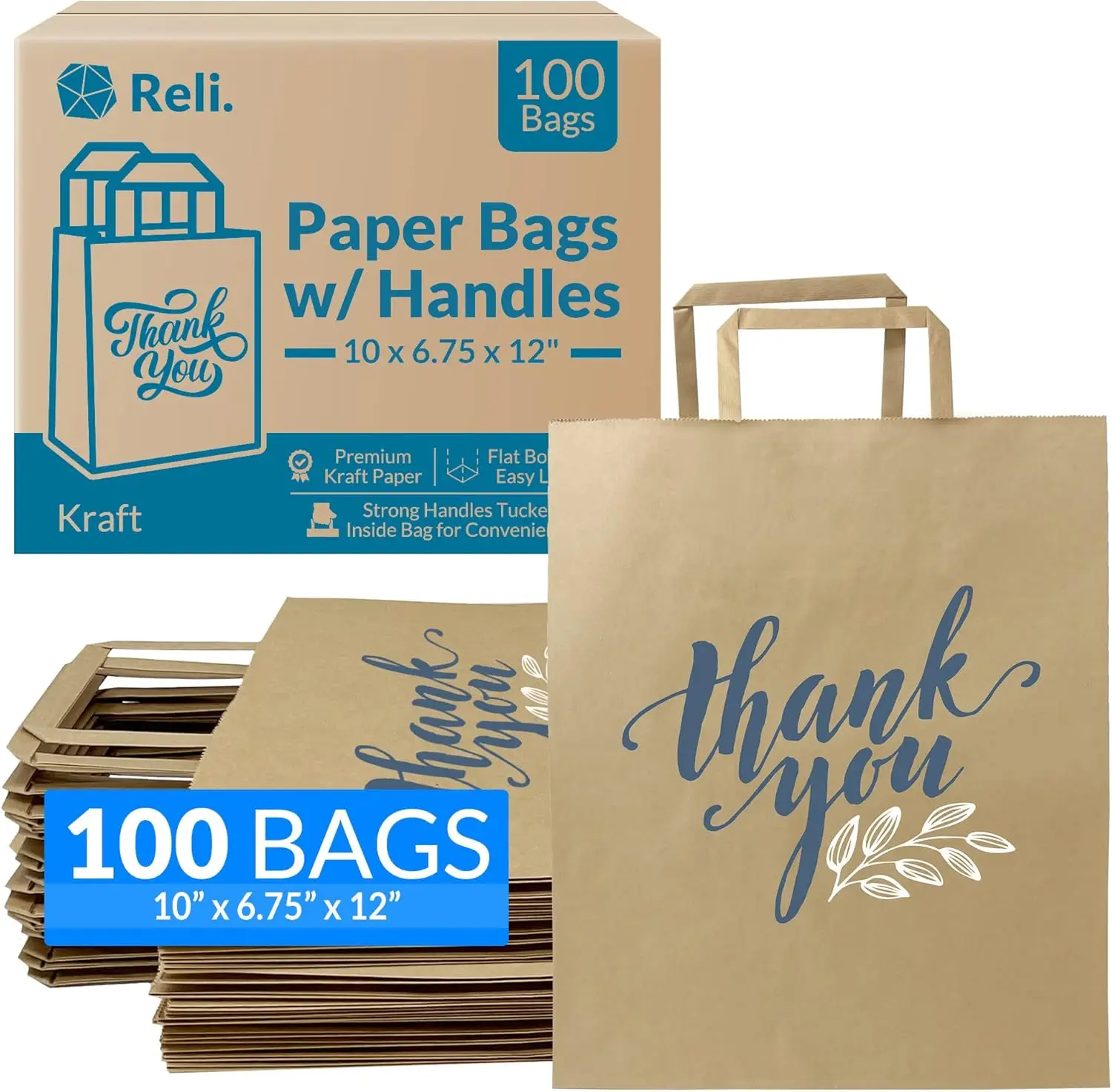 

Brown Paper Bags w/Handles，100 Pcs Bulk，10"x6.75"x12"，Paper Thank You Bags, Kraft，Printed，Shopping