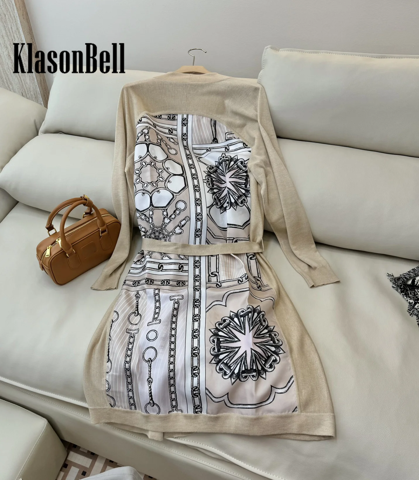 9.4 KlasonBell Women 2024 Autumn New Chain Geometric Pattern Silk Spliced Wool Blend Knit Cardigan V-Neck Sashes Long Coat