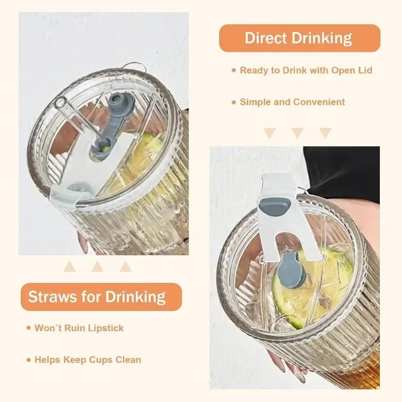 400/600ML Gestreifter Glas-Kaffeebecher Transparenter Trinkbecher mit Deckel und Strohhalm Großer Saft- und Eiskaffeebecher – Detail 7