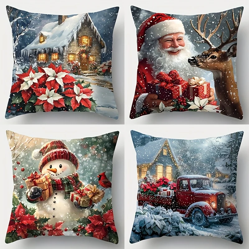 Festliche Weihnachtskissenbezüge mit Weihnachtsmann, Rentier, Schneemann und Weihnachtsdekoration, Kissenbezug mit Reißverschluss, Weihnachtskissenbezug