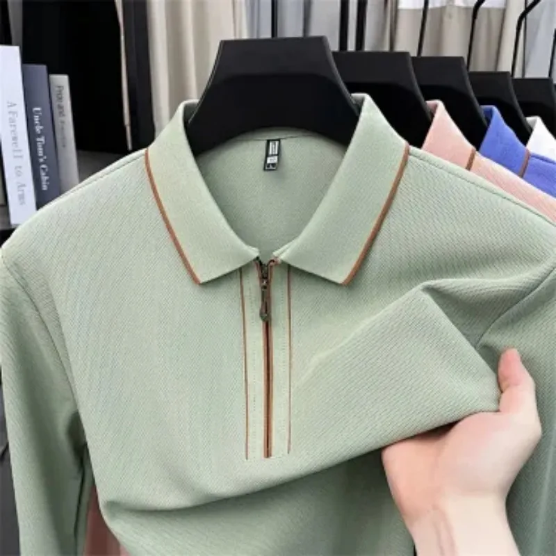 Men Lapel Half Zip Polo Shirt Pique Cotton Long Sleeve Casual Middle Age Dad Top
