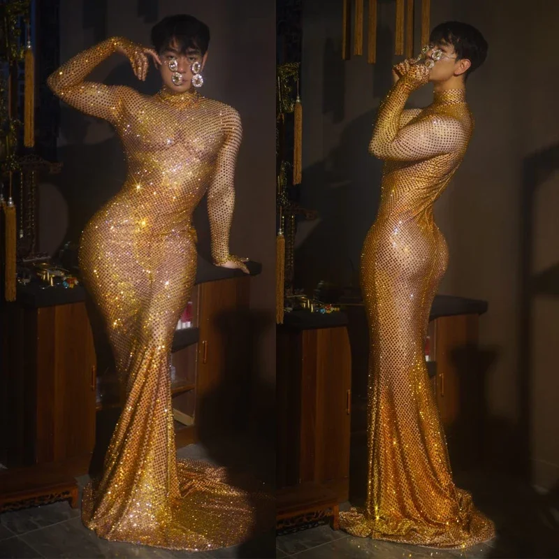 

Блестящее платье с золотыми стразами, женские вечерние платья, элитный костюм для празднования дня рождения, сценический наряд для подиума XS6521