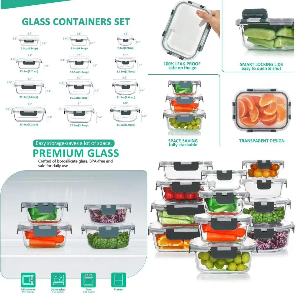 

Штабелируемые герметичные стеклянные контейнеры для приготовления еды — набор из 24 предметов, морозильная камера, микроволновая печь, сейф для духовки, серый