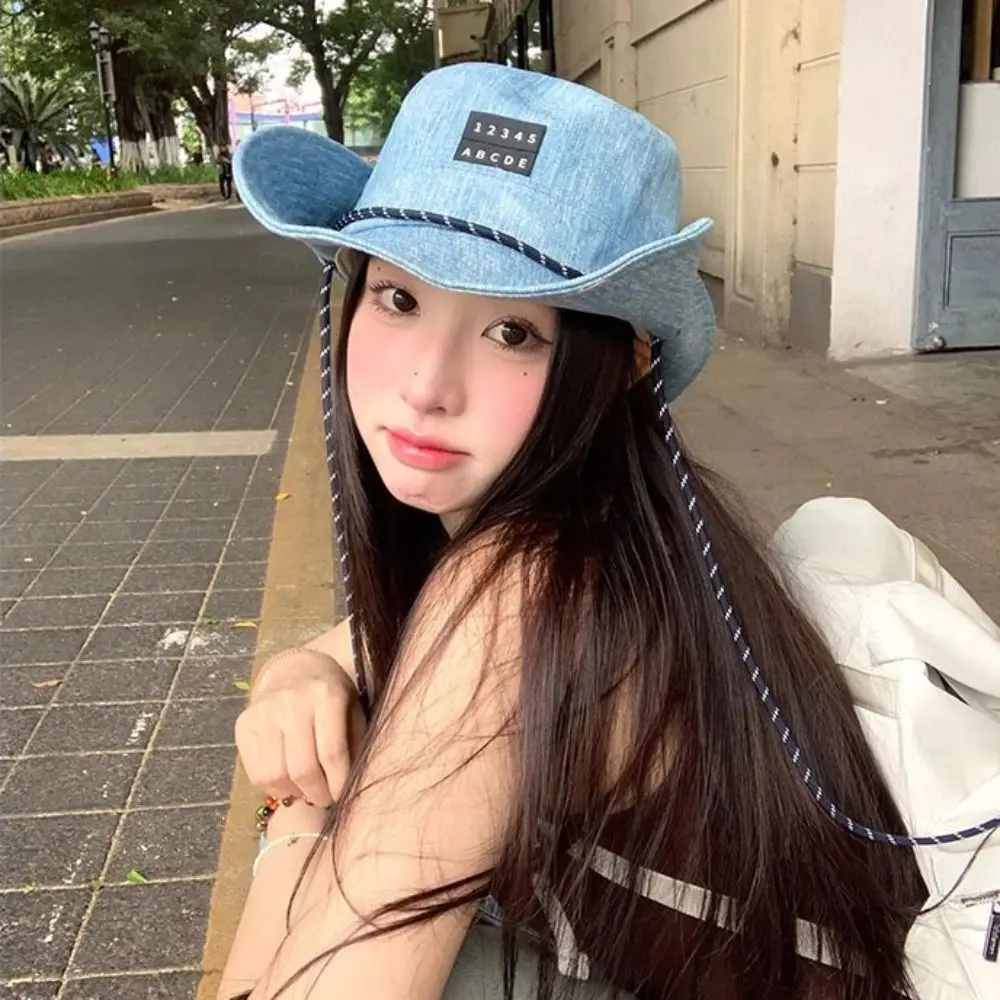 

Soft Sunscreen Western Cowboy Hat Wide-Brimmed Japanese Style Denim Bucket Hat Lightweight Blue Sun Protection Basin Cap Spring