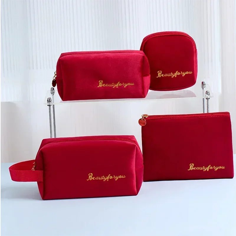 Zipper Velvet Women Cosmetic Bag Travel Large Makeup Bag Solid Color Zipper Lipstick Storage Bags Female Make Up Organizer Pouch
