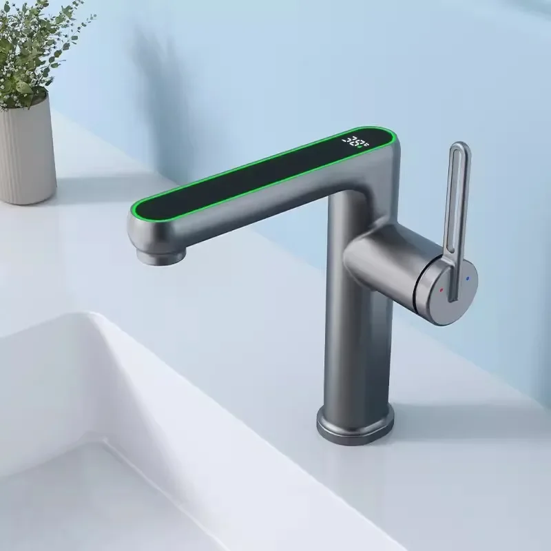 

Bathroom Basin Faucet Single Lever Cold And Hot Digital Display Water Mixer Sink White Deck Mounted Black Tap