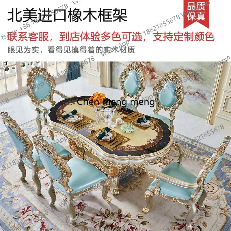 

zG185 Комплект из цельного дерева: обеденный стол овальной формы длиной 1,8 метра и стулья в роскошном цвете шампань-золото с синей кожаной отделкой.