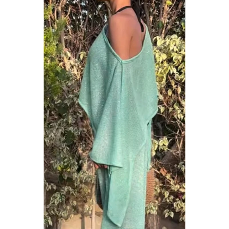Combhasaki Women Summer Boho Off Shoulder Sheer See-through Ponchos Shimmer Shiny Sequin Irregular Hem Knitwear Cover-up Tops