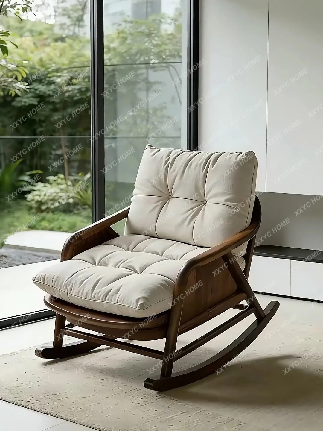 

Rocking chair leather leisure chair living room balcony solid wood single sofa chair
