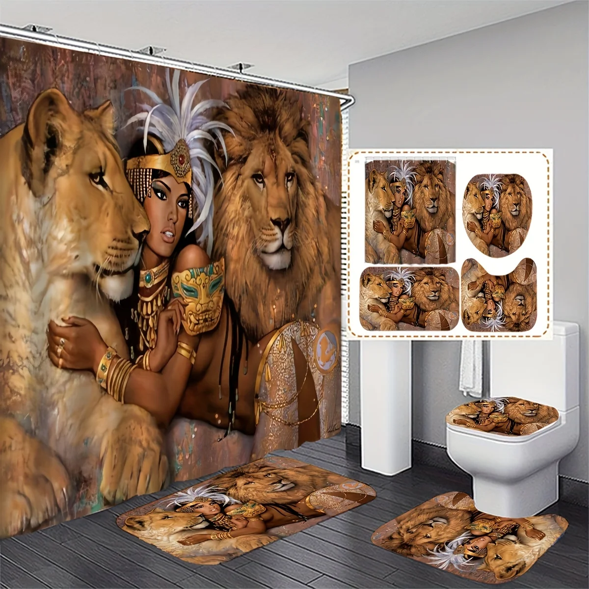 

Regal Royal Lion and Queen Majesty Bathroom Set - Waterproof Shower Curtain, Toilet Lid Cover, Soft Bath Mat, and Contour Mat