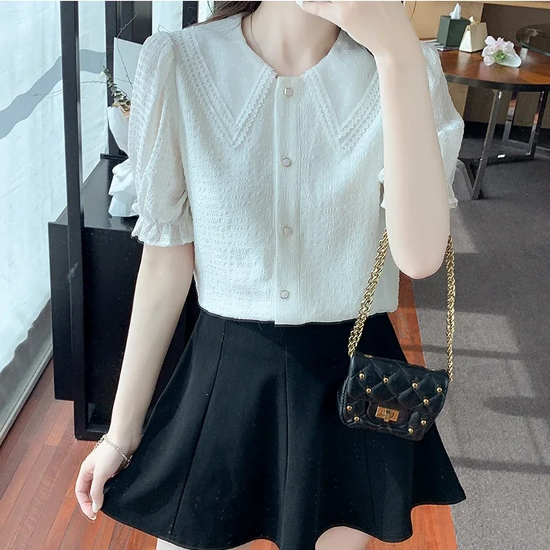 Lace Patchwork Chiffon Shirts Womens 2024 Summer Korean Fashion Clothes Casual Blouses Vintage Puff Sleeve Tops Blusas Mujer