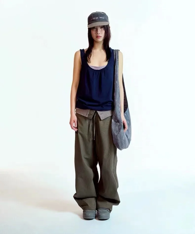 Coyseio Korean Style Drawstring Cuffed Wide Leg Pants Casual Straight Leg Trousers for Women Spring Summer New Arrival