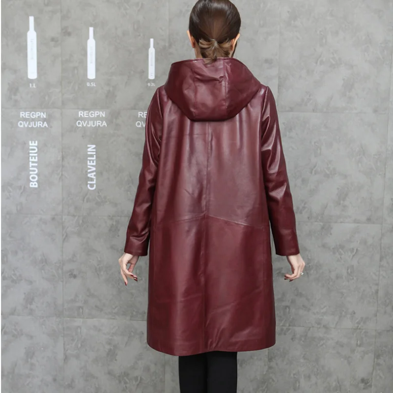 2023 New Genuine Leather Jacket Women Sheepskin Jacket Coat Spring Loose Casual Wine Red Mid-Length Hooded Long Sleeve