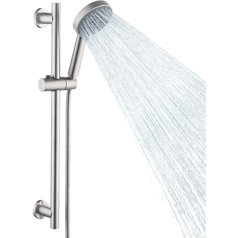 Shower Slide Bar Handheld Head with Hose, 5-Function Hand Wall Mount Set Brushed Finish, F204-BS+KP501B-BN