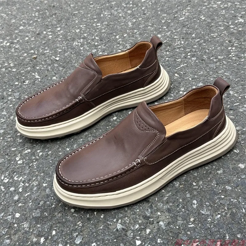 Return loafers cowhide platform men's shoes Brown leather loafers Outdoor travel  casual walking healthy breathable comfortable