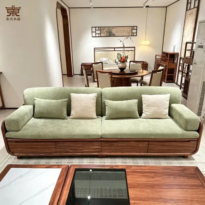 New Chinese Ash Wood Solid Wood Straight Row Sofa 2026 Modern Simple Green Song Aesthetic Furniture
