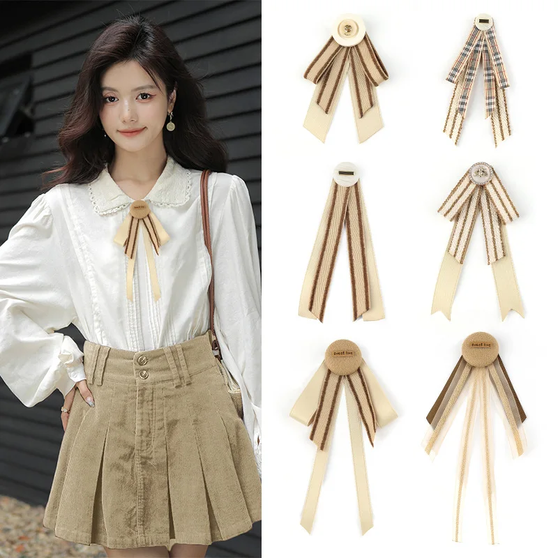 Korean Retro Bow Brooch Female Khaki Light Coffee White Shirt Sweater College Style High Tide Sweet Pin Bowties Accessories