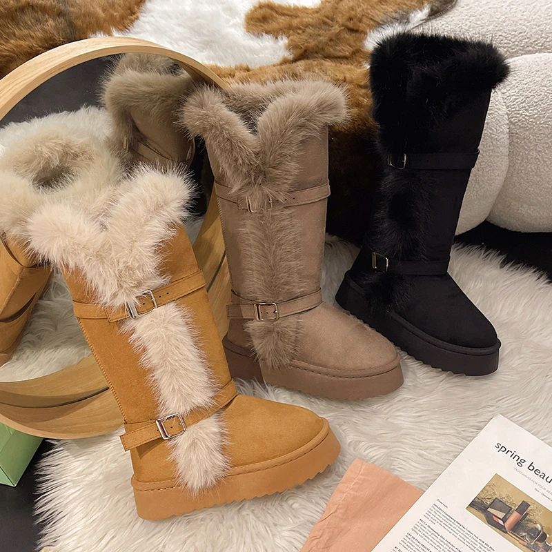 High-top snow boots - New winter style, thick sole padded, thick mid-length snow boots with extra thick cotton lining large size