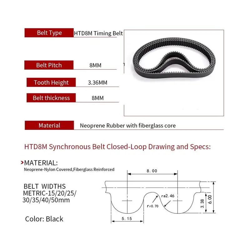 Imagem -03 - Correias Dentadas com Fiberglass Core Htd8m Cinto de Borracha 8m224860 50 Largura 40 mm 60 mm 80 mm mm Comprimento 2248 mm