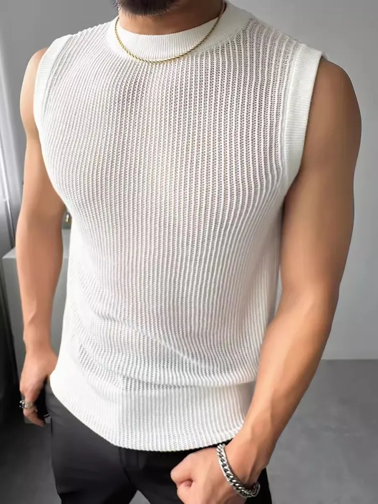 2024 New Summer Mens Knitted Mesh Sleeveless T-Shirt O-Neck Casual Slin Fit Sexy Hollow Out Fashion Breathable Pullover Tees Top