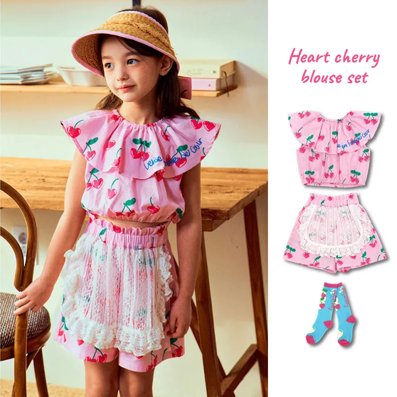 

BEBEBEBE New children's suit 2024 summer girls love cherry shirt suit Korean girls short top short spant sets Children's Clothin