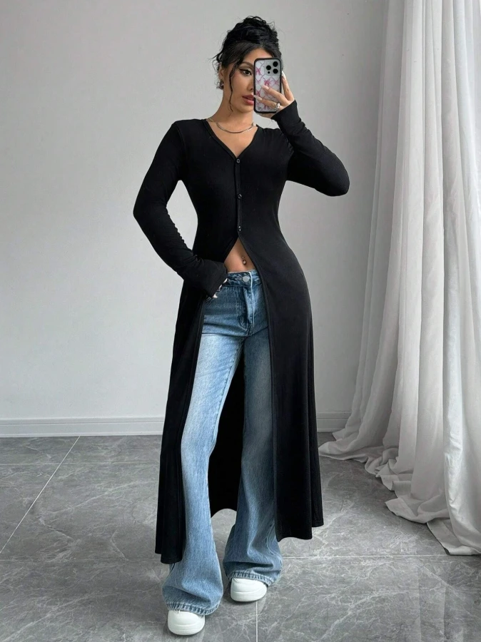 Women V Neck Long Sleeve Ribbed Knit Maxi Cardigan Slim Button Open Front Long Cover Up Casual Street Outerwear