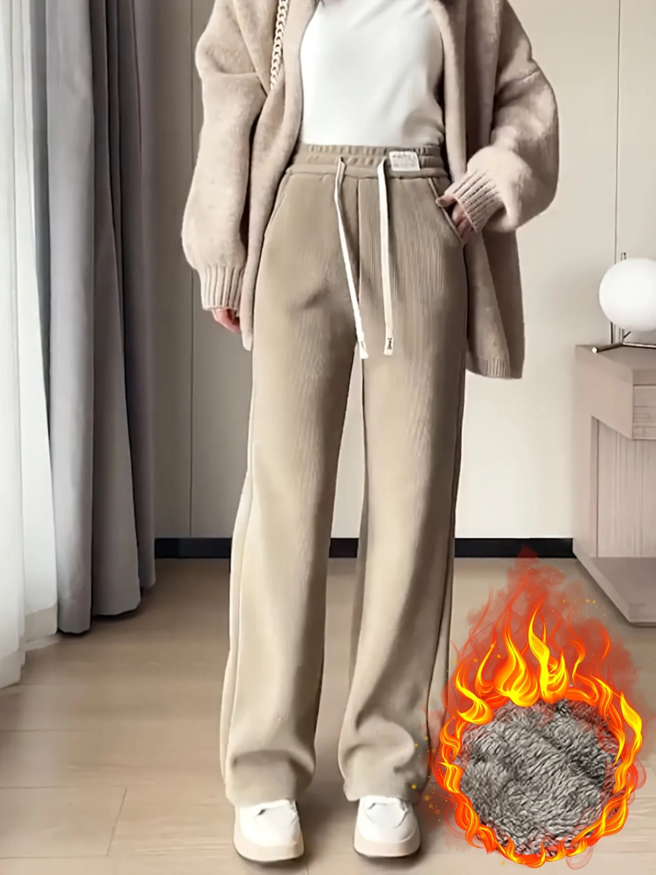 Spodnie damskie z polarową podszewką, rozszerzane w dół |   Zimowe ciepłe spodnie z szerokimi nogawkami i prostymi nogawkami