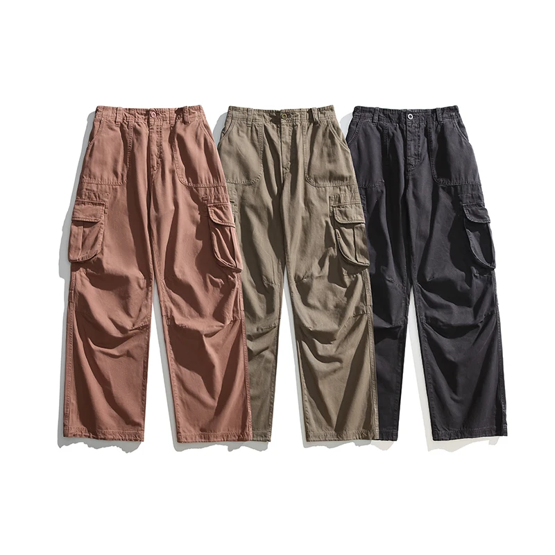 Calça cargo masculina 100% algodão, leve, ajuste relaxado, queimada e até o chão – calça masculina lavada de perna reta com cordão de torno dos tornozelos