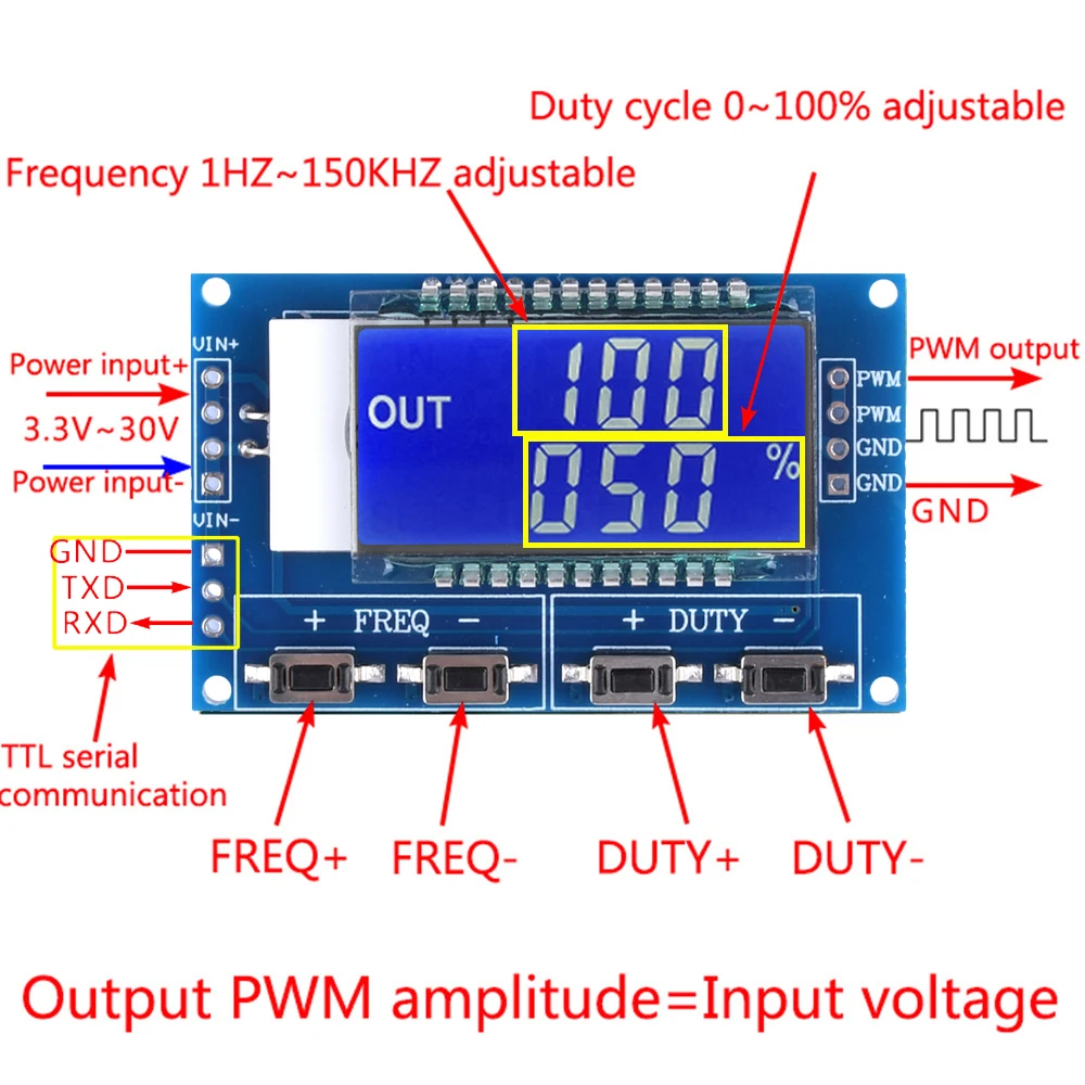 1 Channel Signal Generator PWM Pulse Frequency Duty Cycle Adjustable Module LCD Display 1Hz-150Khz 3.3V-30V PWM Board Module