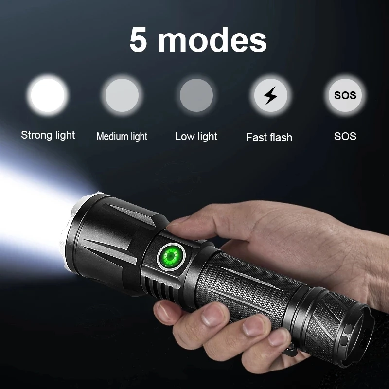 Powerful XHP160 LED Flashlight USB Rechargeable Tactical Torch Zoomable 5Modes Camping Fishing Waterproof Hunting Lantern Output