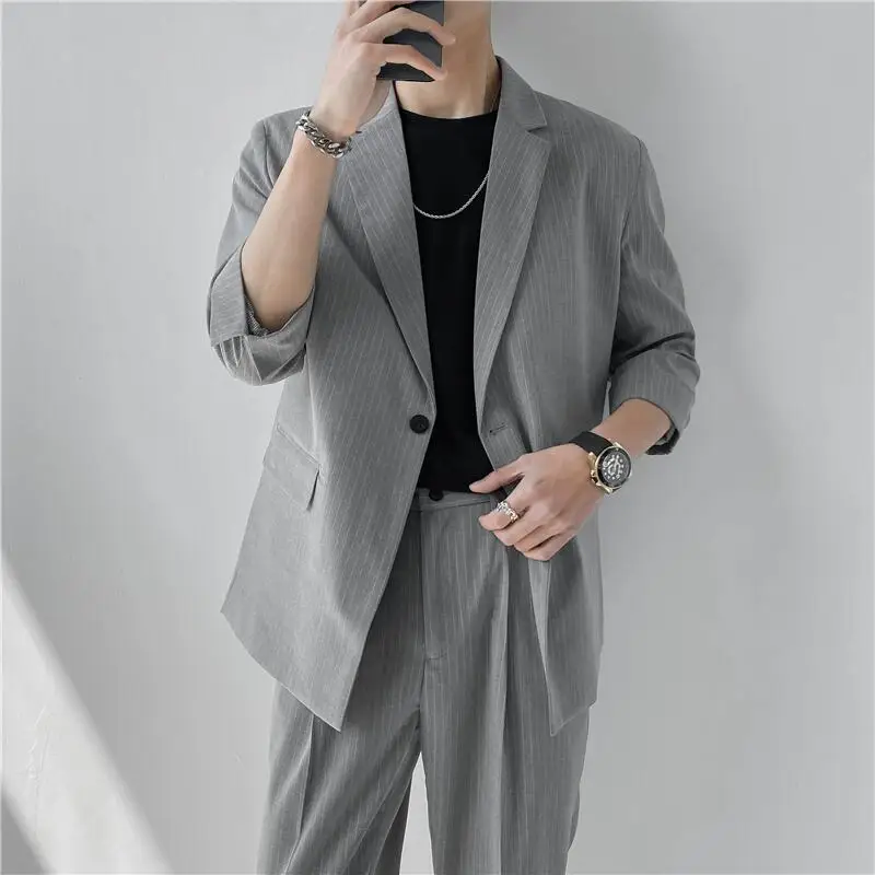 (Blazers + Pants) 2024 Fashion Summer Seven Point Sleeve Stripe Casual Coat Men Single-breasted Simple Loose Suits 2 Piece Set