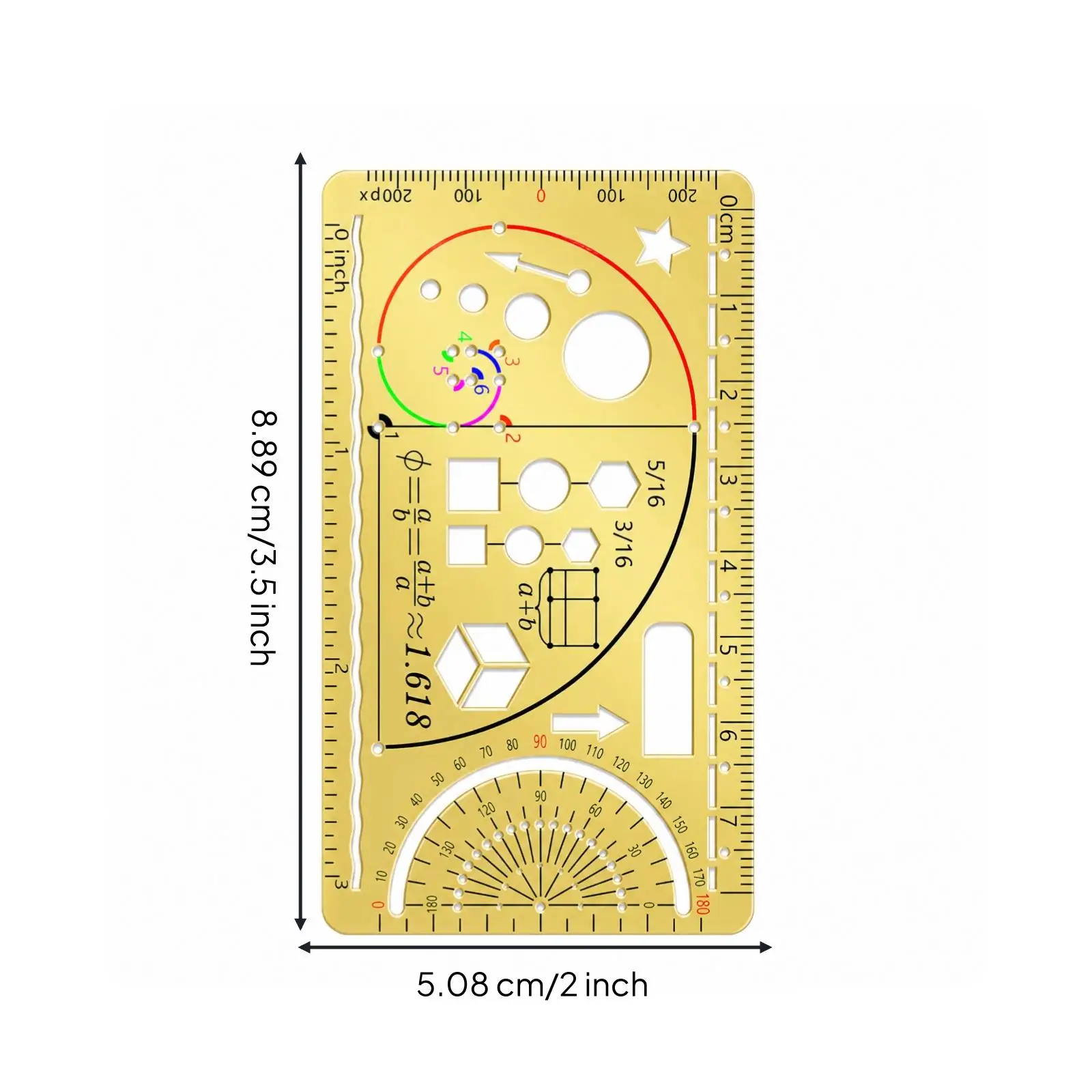 Gold Drawing Stencil Ruler Stainless Steel Geometry Template with Metric Inch Graduations and Golden Ratio Scale for Drafting