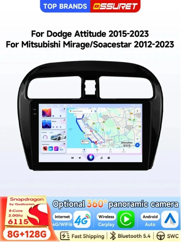 OSSURET Bestseller 2 Din 9 Zoll Android 14 GPS-Navigation Autoradio für Dodge Attitude 2015-2023 für Mitsubishi Mirage/SpaceStar 2012-2023 Haupteinheit mit Snapdragon 6115 CarPlay Android Auto SWC