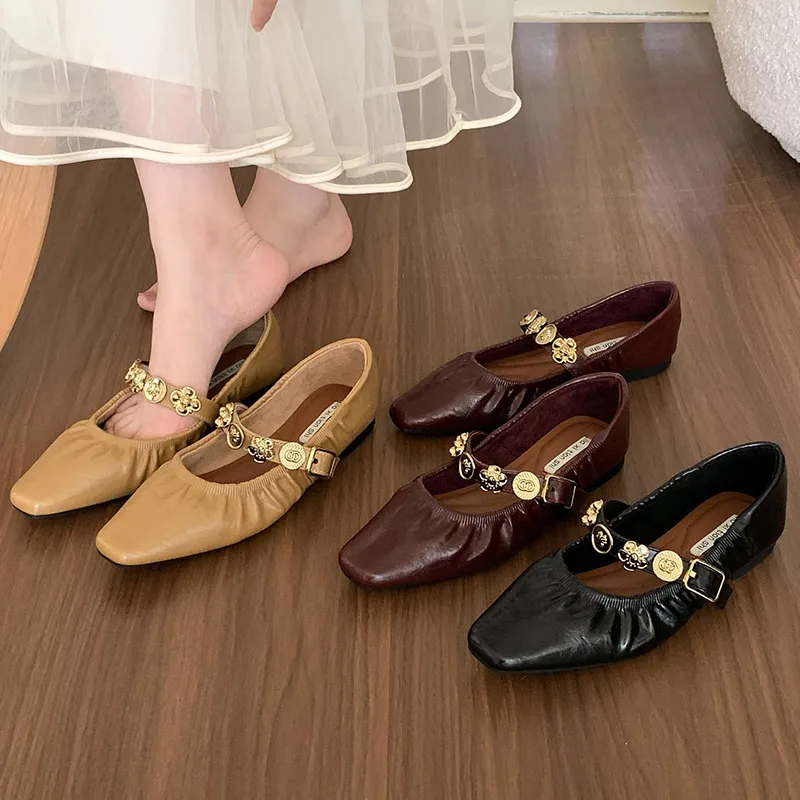 New Fashion Loafers Square Toe Buckle Shoes Women 2024 Autumn Soft Sole Single Shoes Ladies Casual Comfort Mary Jane Flats Shoes