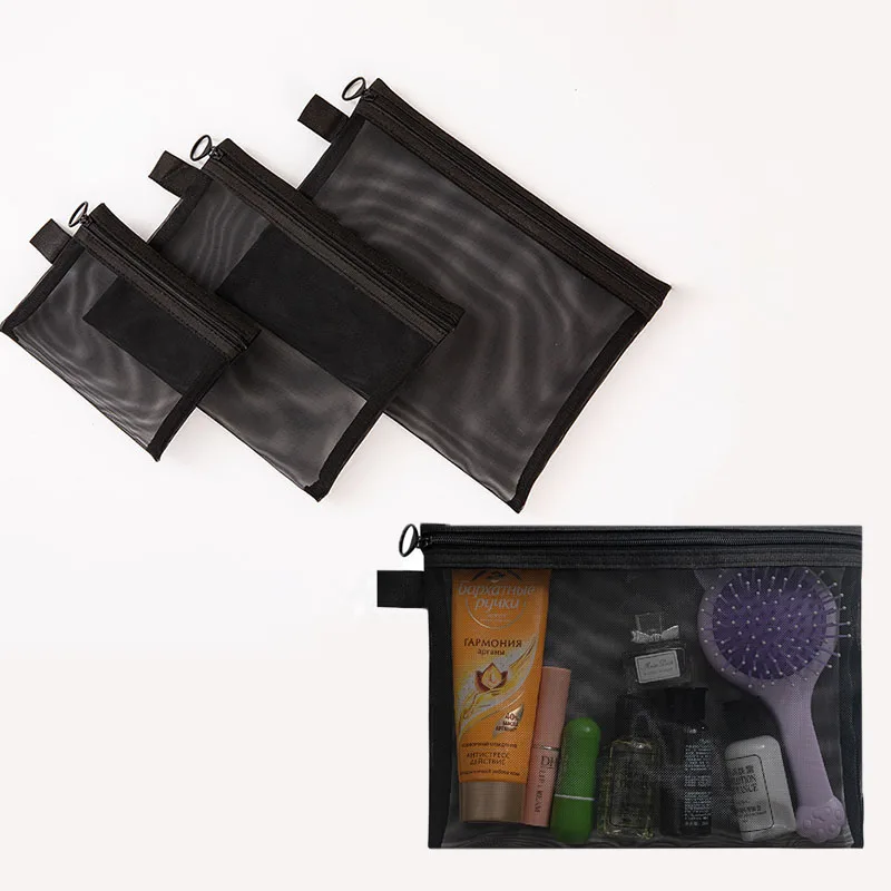 100Pcs Black Mesh Cosmetic Bags Stationery Bag Portable Refillable Travel Toiletry Organizer Case Lipstick Storage Pouch