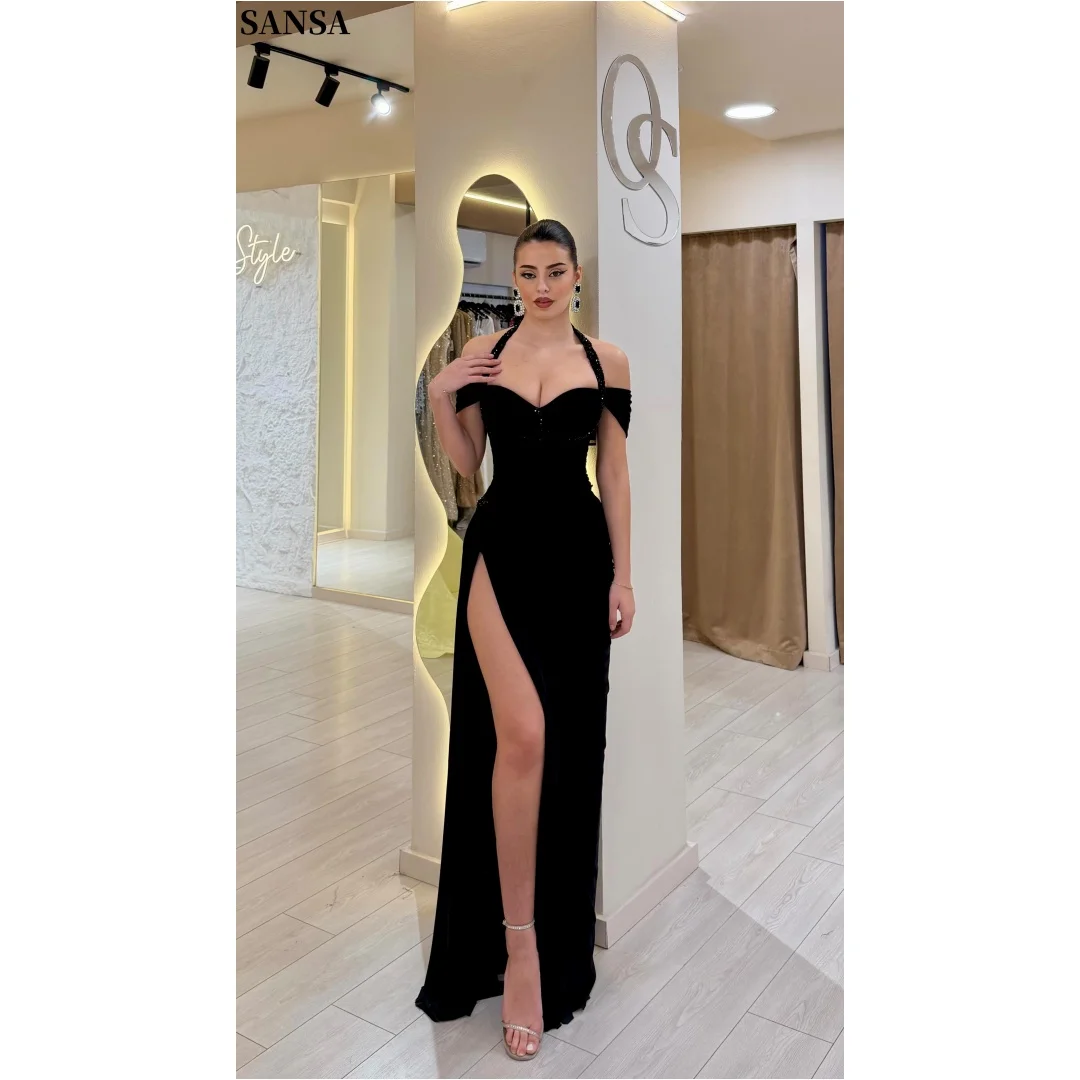 

Sansa Customized Black sexy Column Off Shoulder Prom Dresses Shiny Sequins High Side Split vestidos de noche Weding Party 2026