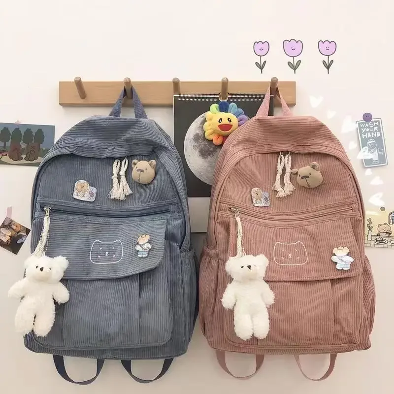 Mochila escolar de pana suave con cremallera para mujer, mochila Harajuku de terciopelo a rayas versátil para estudiantes universitarios